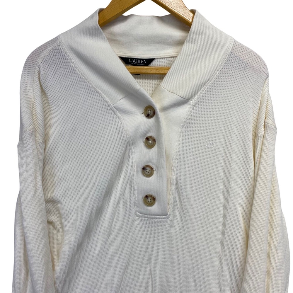 Lauren Ralph Lauren Womens Ivory Cream Waffle Knit Button Henley Top